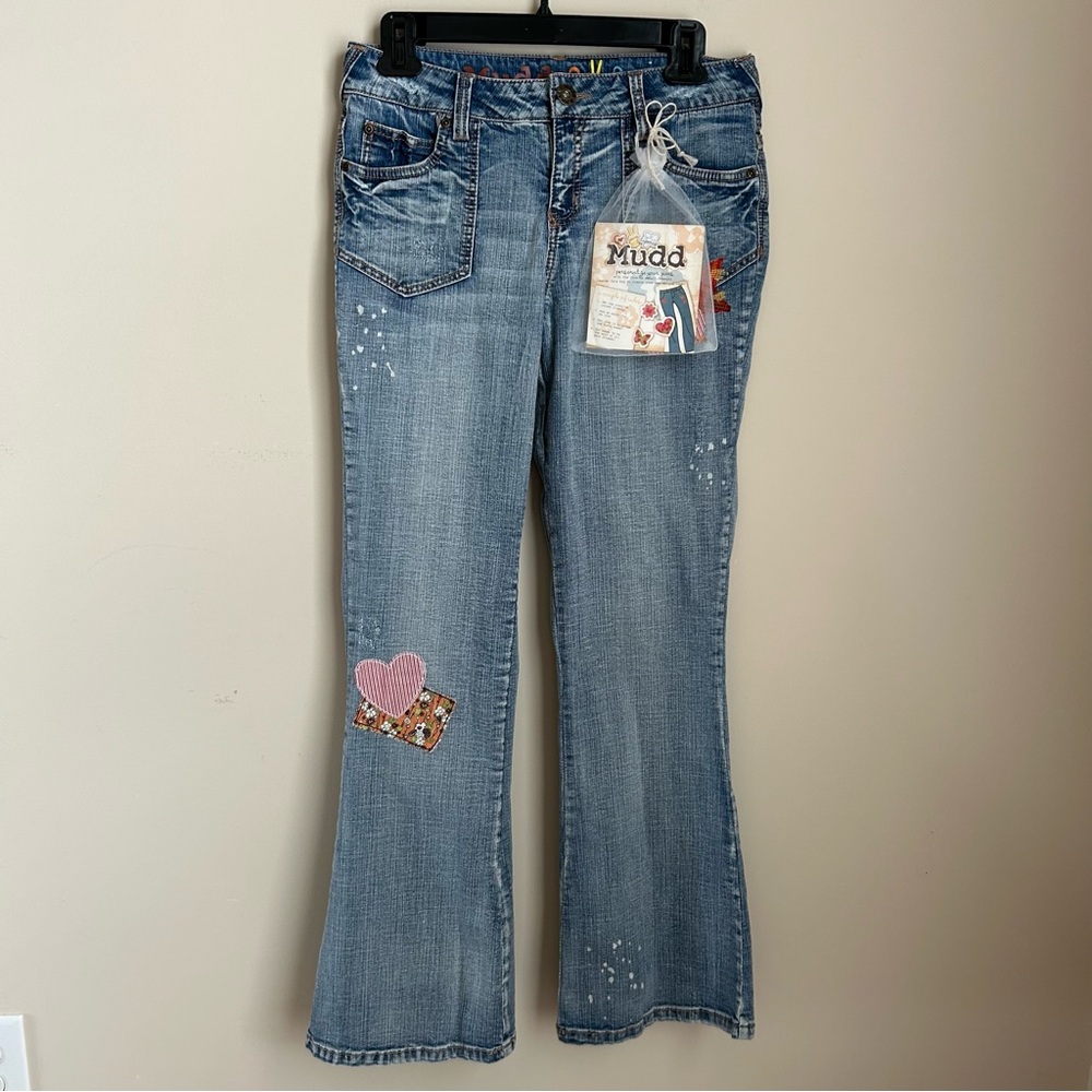 Mudd Y2K Super Flare Blue Patch Work Western Denim Jeans Size 16 NWOT